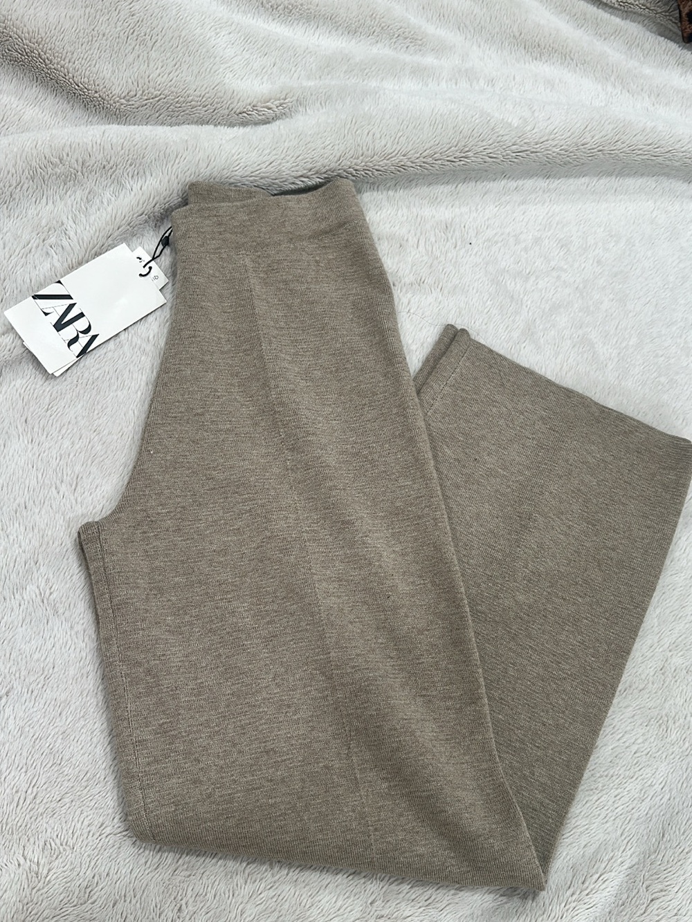 Zara Neutral Taupe Wide-Leg Knit Pants